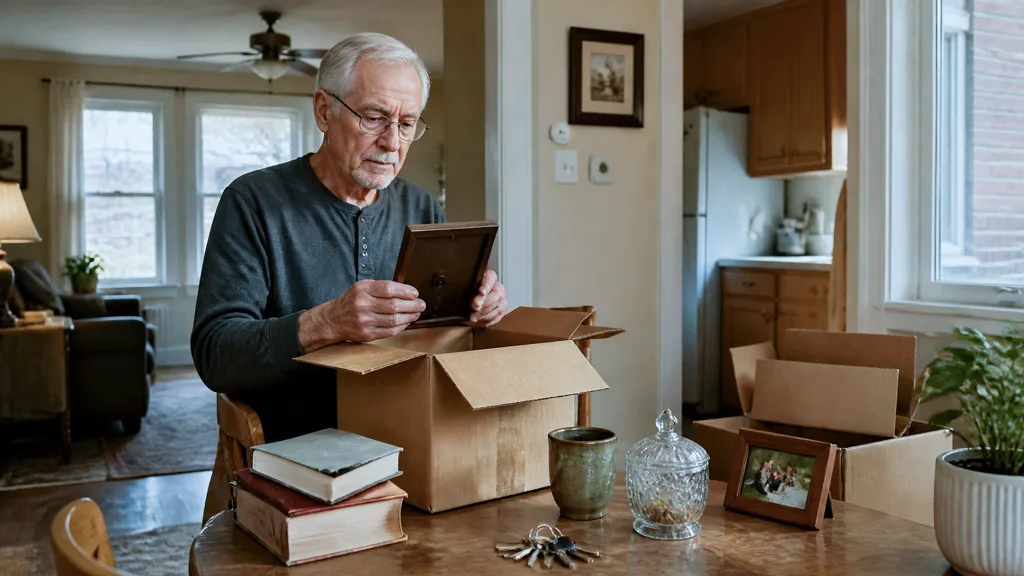 An older man packing framed photographs and books into cardboard boxes in a kitchen.