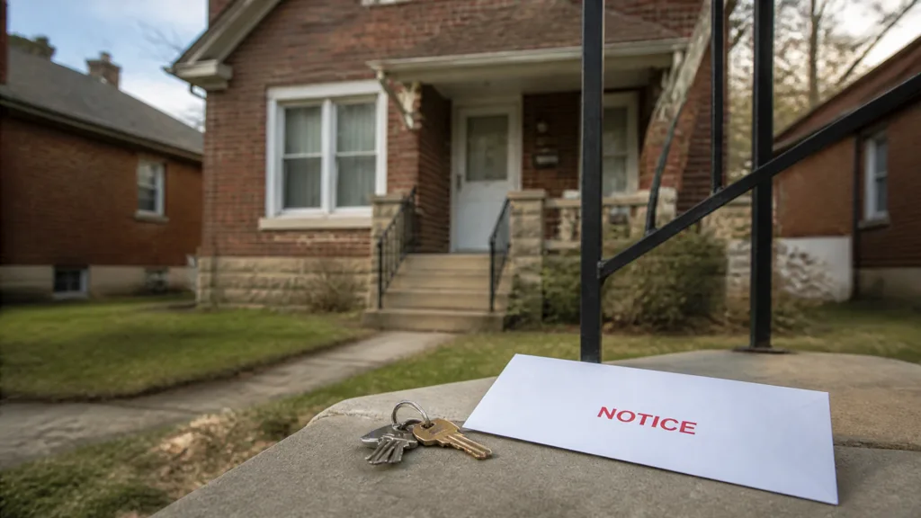 A set of house keys and an envelope marked NOTICE lying on a concrete front step.