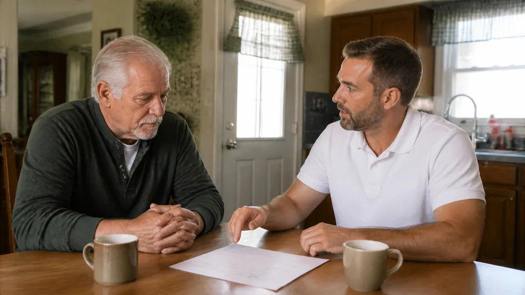 Two men at a kitchen table looking down at a single sheet of paper between them.