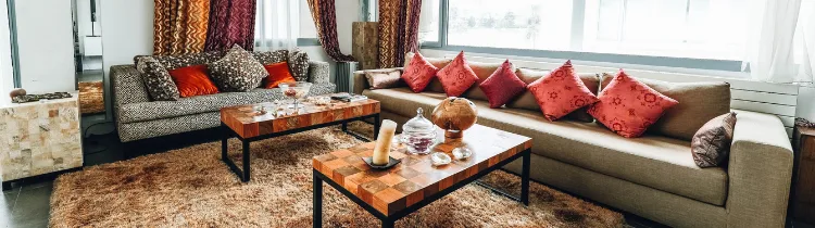 A furnished living room with a long sofa, red cushions, a shag rug and a low coffee table.